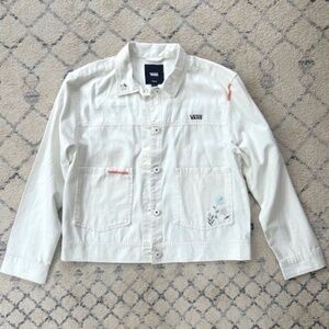 Vans Women's Denim White Jacket with Embroidered Floral Detail, Sz M
